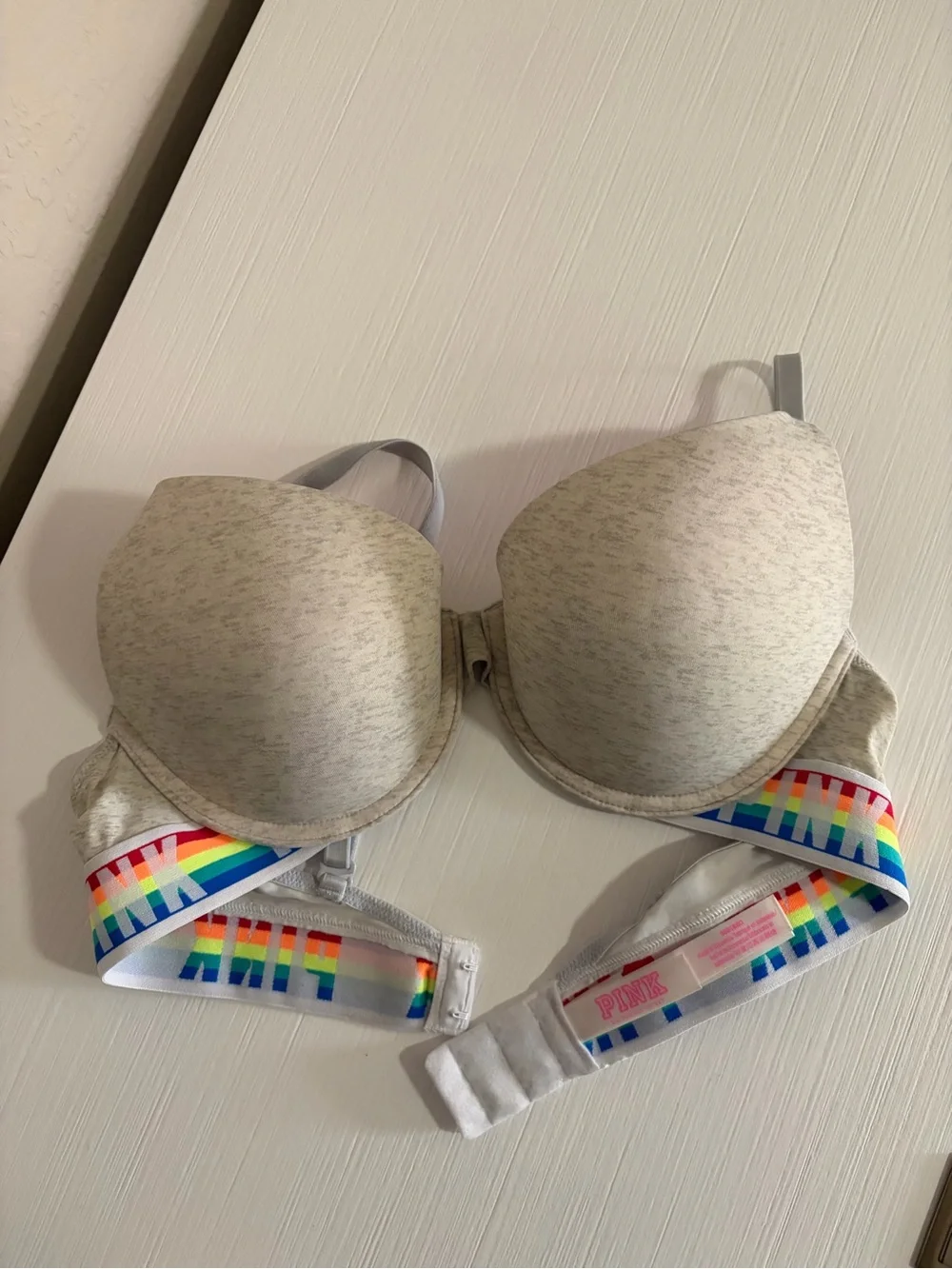 🌈🎀PINK VS Heather Gray Molded Push Up T-Shirt Bra & Rainbow Band🌈🎀